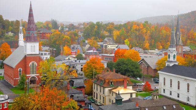 An aerial view of Montpelier, Vermont on a foggy day