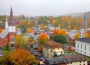 An aerial view of Montpelier, Vermont on a foggy day