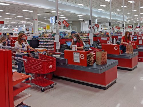 Target retail store customers checkout line separated from cashier