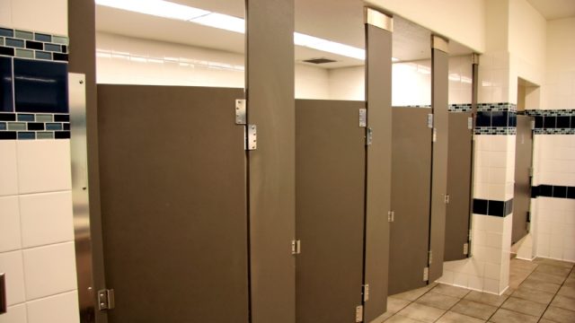 bathroom stalls with doors open