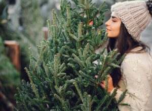A young woman smelling a Christmas tree she is about to buy while shopping