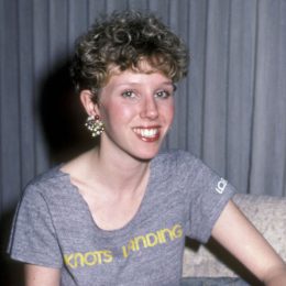 Claudia Lonow wearing a "Knots Landing" shirt in 1983