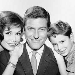 Mary Tyler Moore, Dick Van Dyke, and Larry Mathews in a black and white photo