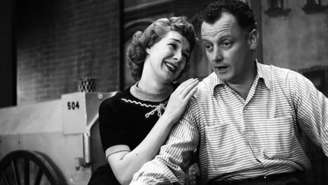 Joyce Randolph and Art Carney filming "The Jackie Gleason Show" in 1955