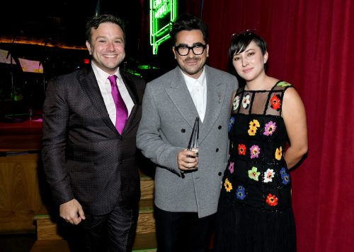 Zak and Zelda Williams with award recipient Dan Levy at the 9th Annual Revels & Revelations event on December 2, 2021