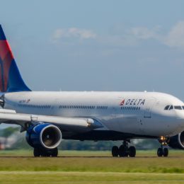 Delta Airlines Airbus A330 landing at Schiphol airport near Amsterdam in The Netherlands.
