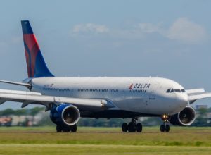 Delta Airlines Airbus A330 landing at Schiphol airport near Amsterdam in The Netherlands.