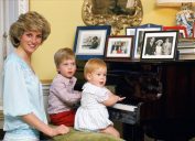 Princess Diana, Prince William, and Prince Harry sitting at a piano in Kensington Palace in 1985