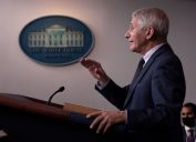 Dr. Anthony Fauci, Director of the National Institute of Allergy and Infectious Diseases and the Chief Medical Advisor to the President, gestures as he answers a question from a reporter after giving an update on the Omicron COVID-19 variant during the daily press briefing at the White House on December 01, 2021 in Washington, DC. The first case of the omicron variant in the United States has been confirmed today in California.