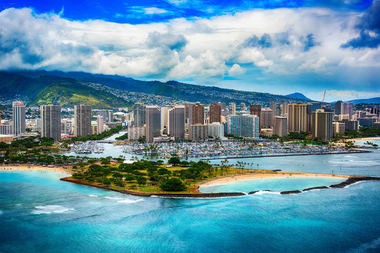 The skyline of Honolulu, Hawaii with Waikiki Beach