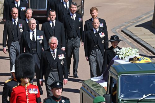 Members of the royal family in Prince Philip's funeral procession in April 2021