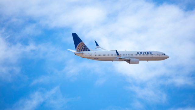 A United Airlines 737 departs Denver International Airport.