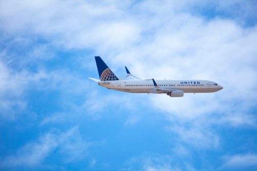 A United Airlines 737 departs Denver International Airport.