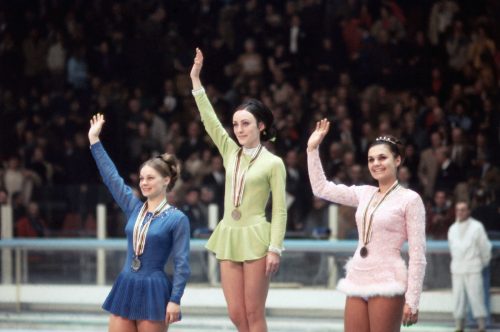 Gabriele Seyfert, Peggy Fleming, and Hana Makova on the Olympic podium at the 1968 Winter Olympics