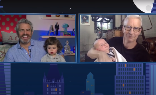 Andy Cohen and his son Ben with Anderson Cooper and his son Wyatt on "Watch What Happens Live" in June 2020