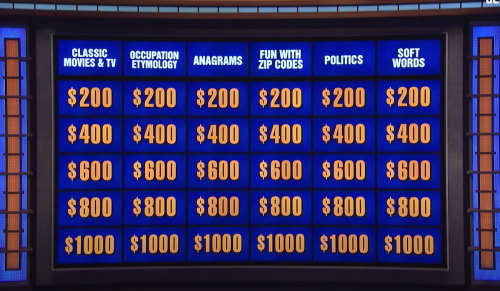 The "Jeopardy!" board during a 2020 episode