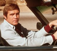 Lee Majors in a cart during a scene from "The Six Million Dollar Man" in 1975