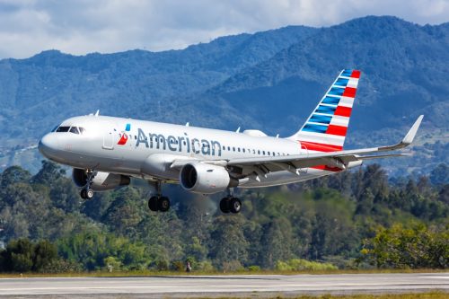 American Airlines Airbus A319 airplane at Medellin airport (MDE) in Colombia. Airbus is a European aircraft manufacturer based in Toulouse, France.