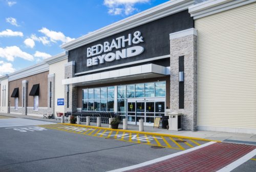 The front glass entrance of the Bed Bath & Beyond store in Hyannis, Massachusetts