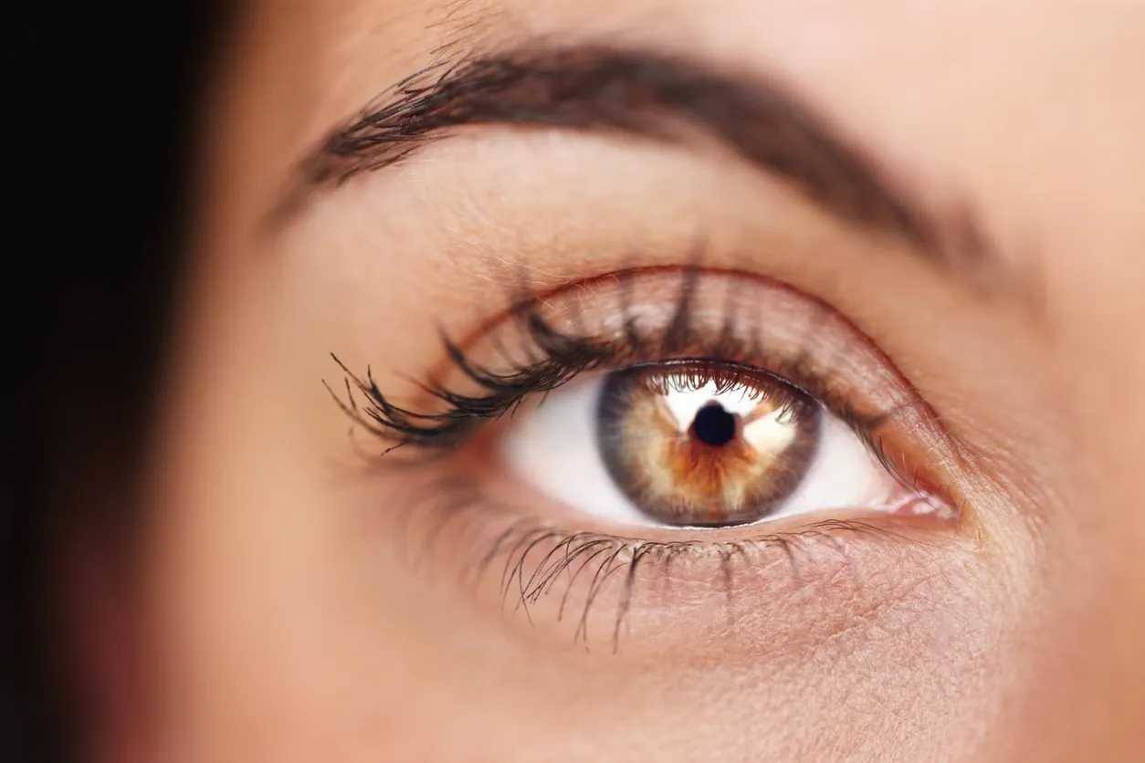 A close up of a woman's hazel eye