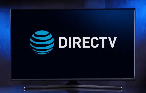 Flat screen TV displaying the logo of DirecTV, an American direct-to-home satellite service provider based in El Segundo, California, a subsidiary of ATT