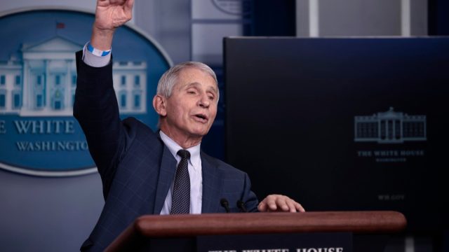 Dr. Anthony Fauci, Director of the National Institute of Allergy and Infectious Diseases and the Chief Medical Advisor to the President, gestures as he answers a question from a reporter after giving an update on the Omicron COVID-19 variant during the daily press briefing at the White House on December 01, 2021 in Washington, DC. The first case of the omicron variant in the United States has been confirmed today in California.
