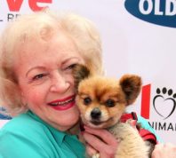 betty white holding a puppy on the red carpet
