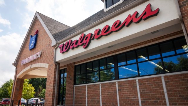 Exterior of a Walgreens drug store on a summer day