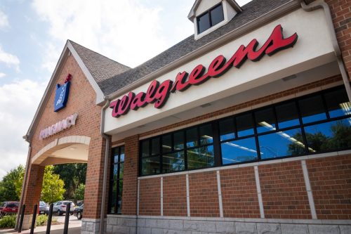 Exterior of a Walgreens drug store on a summer day