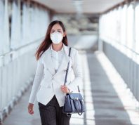 woman are going to work.she wears N95 mask.prevent PM2.5 dust and smog