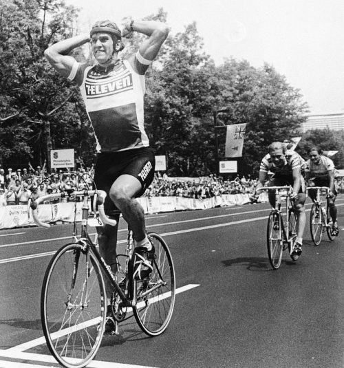 eric heiden winning a cycling race on his bike