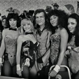 Hugh Hefner with Playboy Bunnies in 1981
