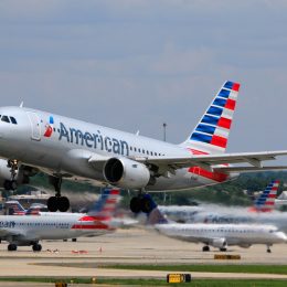 American Airlines Airbus A319 (Registration No. N723UW) taking off at Charlotte Douglas International Airport.