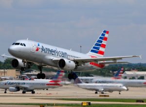 American Airlines Airbus A319 (Registration No. N723UW) taking off at Charlotte Douglas International Airport.
