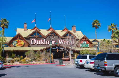 Outdoor World Las Vegas. Bass Pro Shops also known as Outdoor World is a privately held retailer of hunting, fishing, camping and related outdoor recreation merchandise, known for stocking a wide selection of gear.