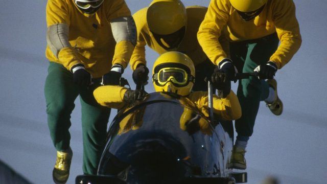 The Jamaican team competing in the four-man bobsled event during the 1988 Olympics