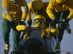 The Jamaican team competing in the four-man bobsled event during the 1988 Olympics