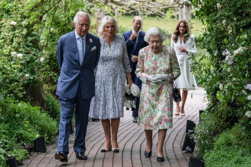Prince Charles, Camilla, Duchess of Cornwall, and Queen Elizabeth at a reception with G7 leaders in 2021
