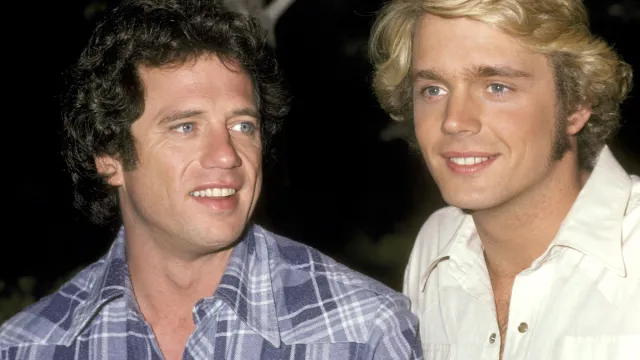 Tom Wopat and John Schneider during a press conference to announce their return to "The Dukes of Hazzard" in 1983