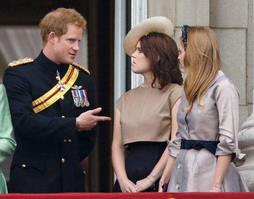 Prince Harry, Princess Eugenie, and Princess Beatrice on the balcony of Buckingham Palace during Trooping the Colour 2015