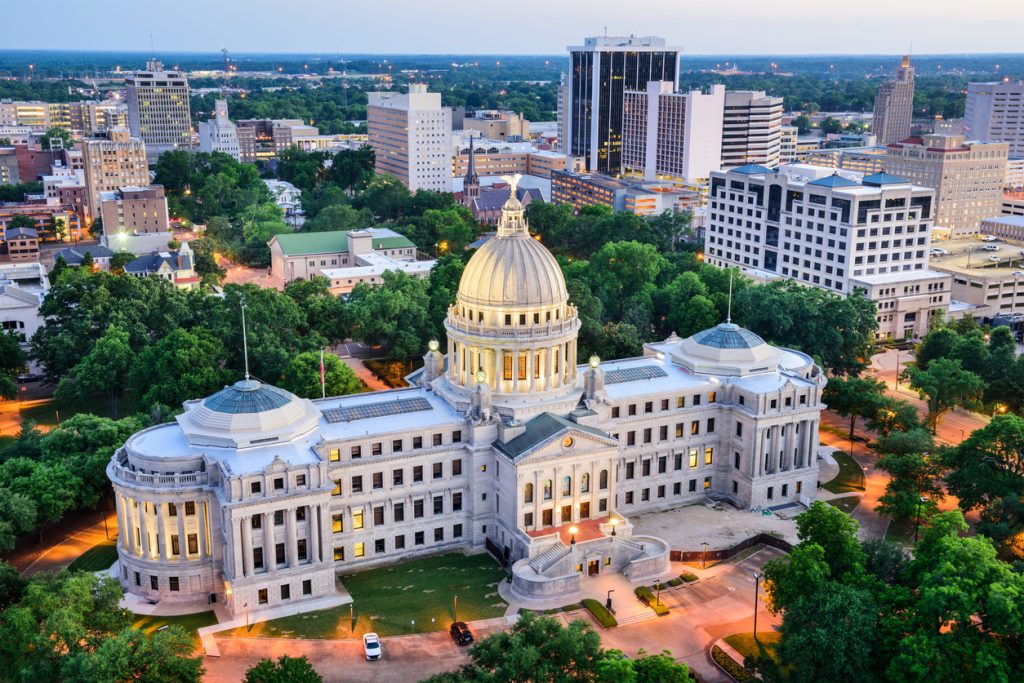 The skyline of Jackson, Mississippi with a view of the state capitol building