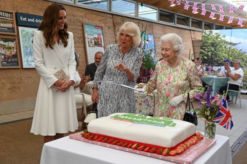 Kate Middleton, Camilla, Duchess of Cornwall, and Queen Elizabeth celebrating The Big Lunch initiative at The Eden Project during the G7 Summit in 2021