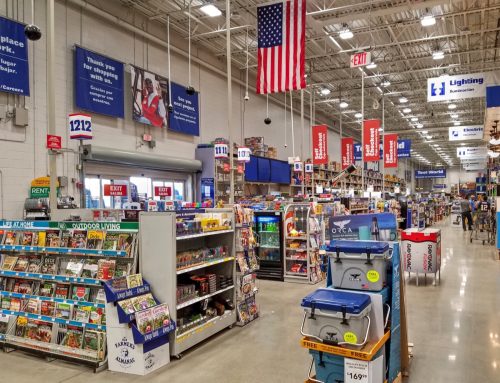 Lowe's home improvement store cashier check out lanes, merchandise aisles, Peabody Massachusetts USA, May 5, 2018