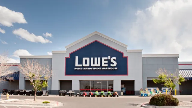 Front facade and entrance to Lowe's home improvement center located at Paseo del Norte shopping center in Albuquerque, New Mexico.