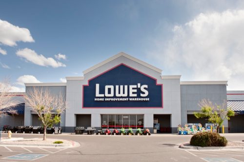 Front facade and entrance to Lowe's home improvement center located at Paseo del Norte shopping center in Albuquerque, New Mexico.