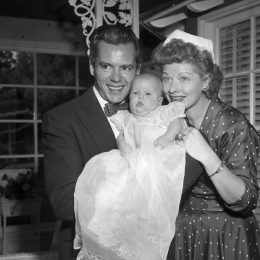 Desi Arnaz, Lucie Arnaz, and Lucille Ball in 1951