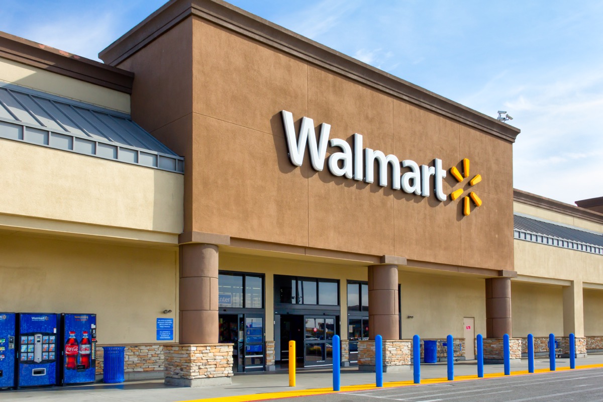 Walmart store exterior. Walmart is an American multinational corporation that runs large discount stores and is the world's largest public corporation.