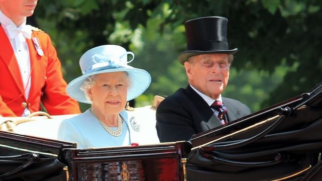 Queen Elizabeth and Prince Philip in a carriage during the Trooping the Colour parade in 2017