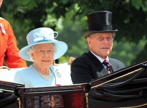 Queen Elizabeth and Prince Philip in a carriage during the Trooping the Colour parade in 2017