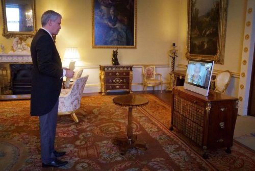Queen Elizabeth meeting with Estonia's Ambassador to the UK, Viljar Lubi, virtually on Feb. 15, 2022